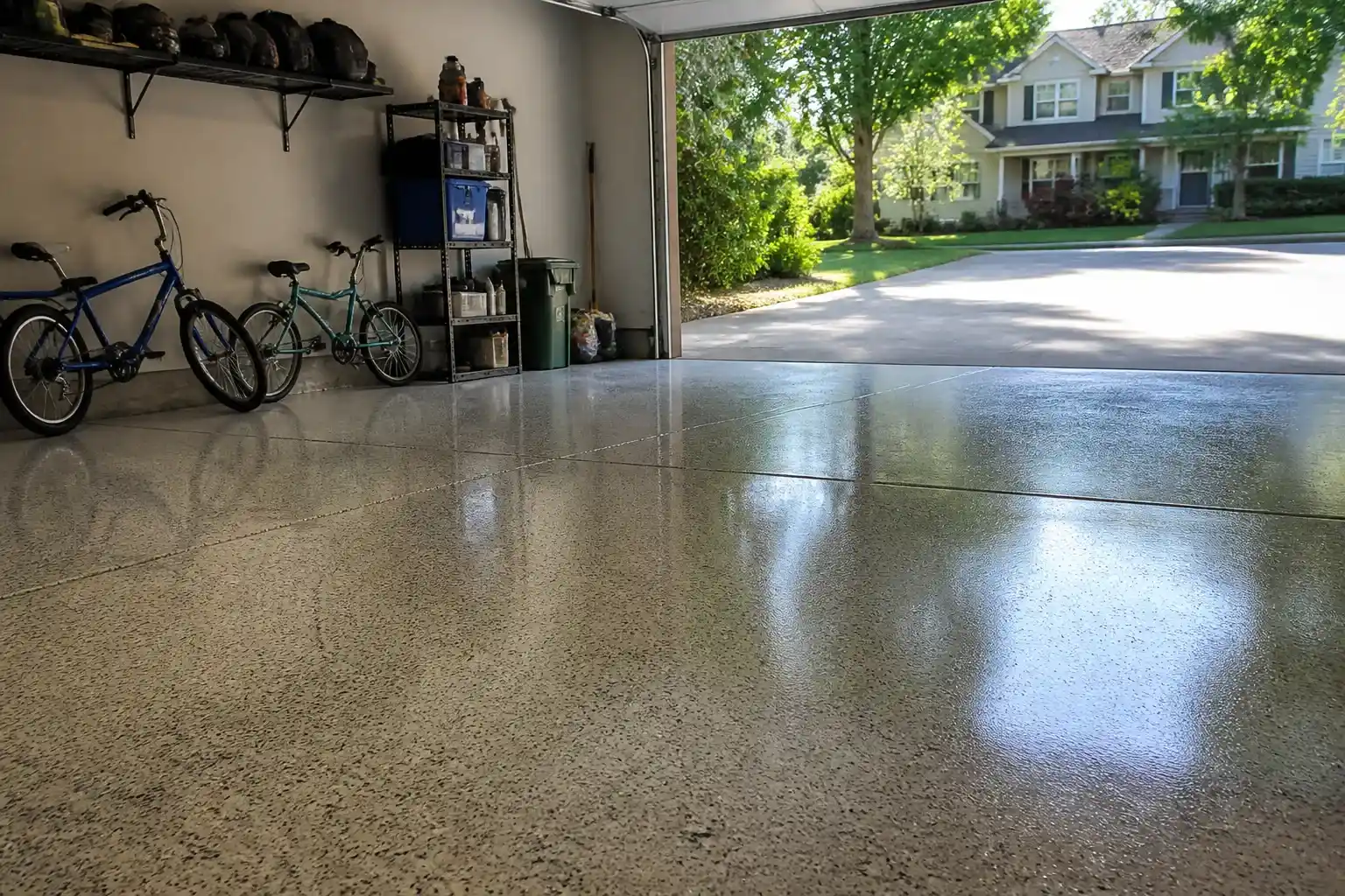 Coated garage floor in Canton GA with bikes and storage