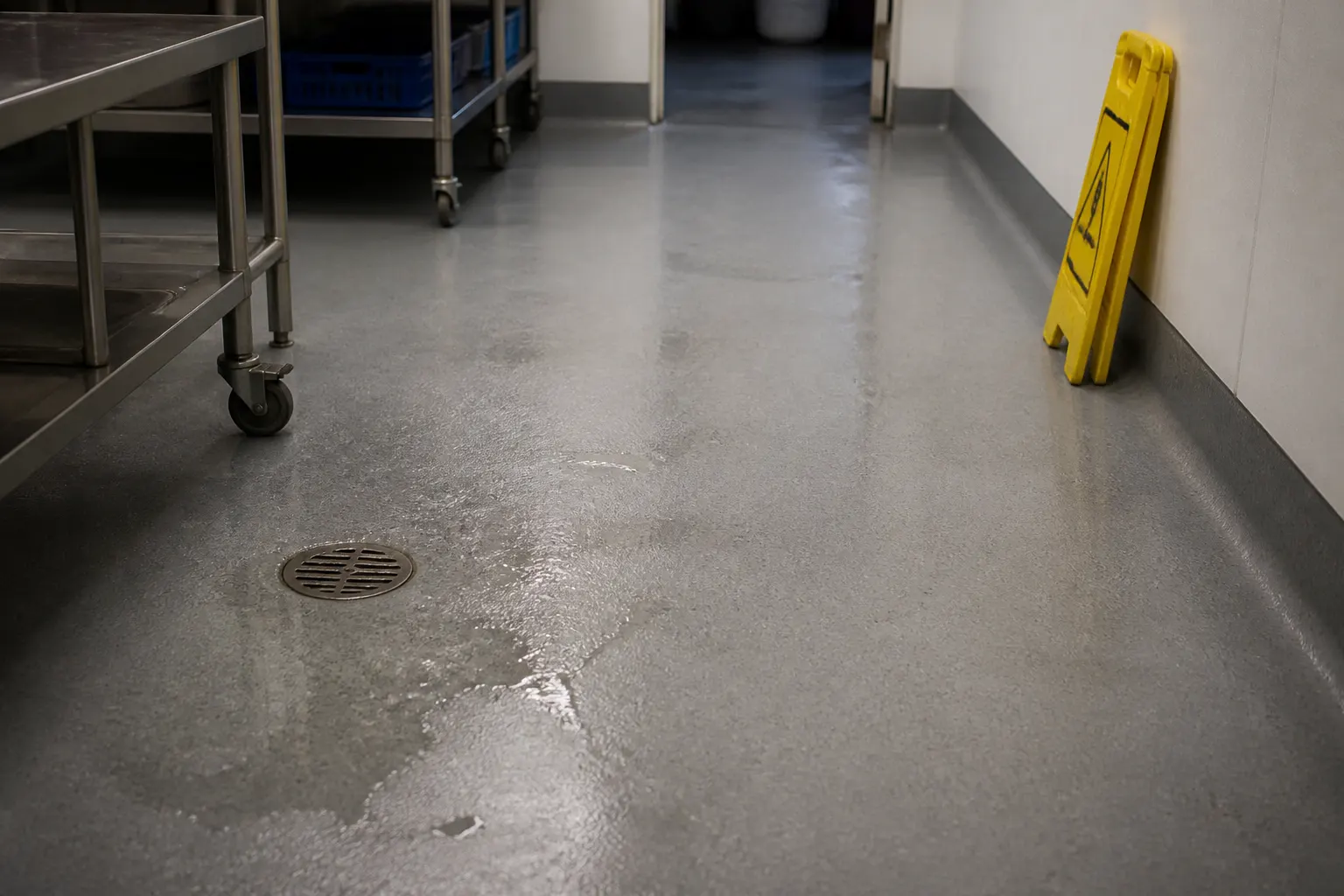 Seamless epoxy floor with coved edge in a commercial kitchen
