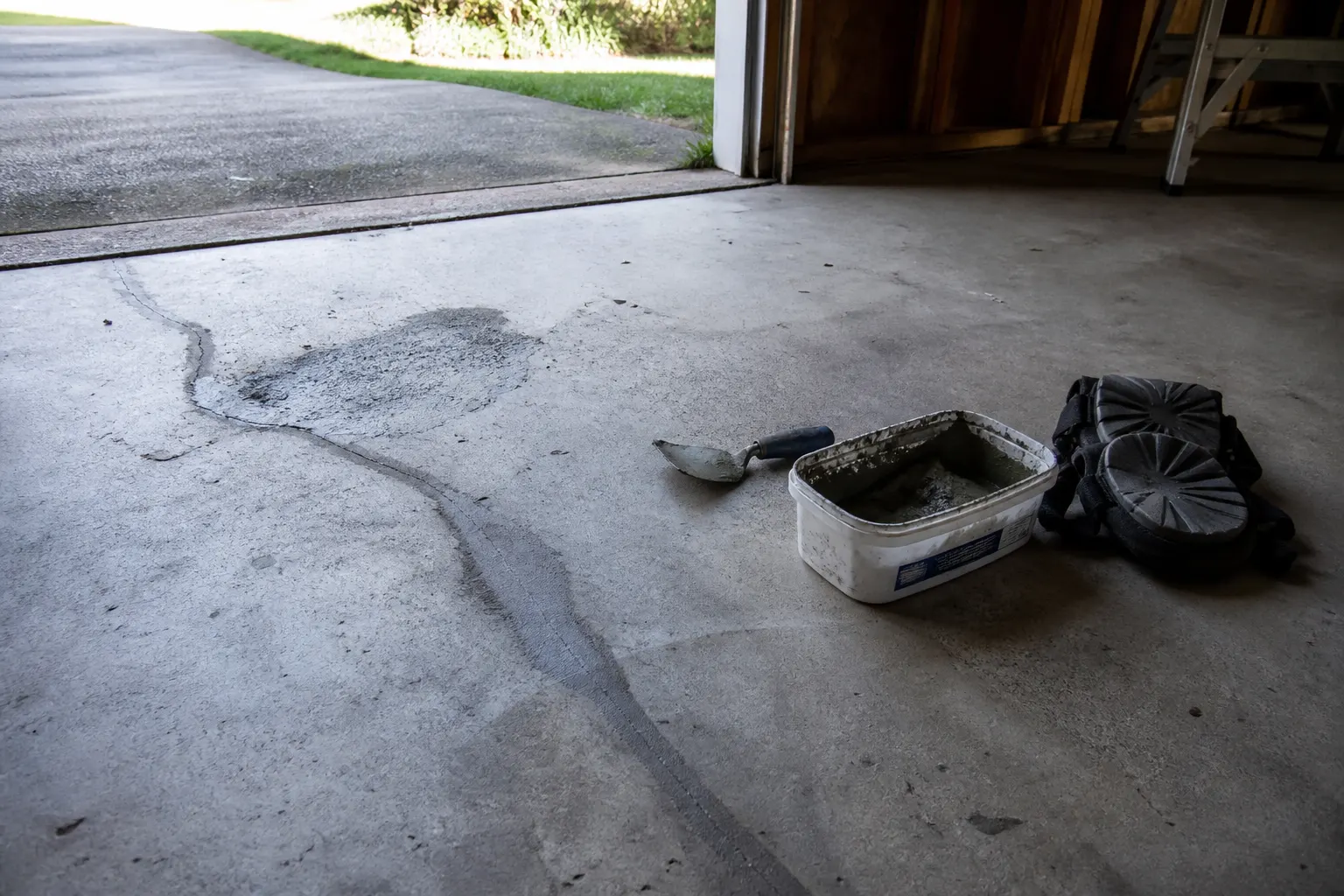 Routed and filled crack in a concrete garage floor