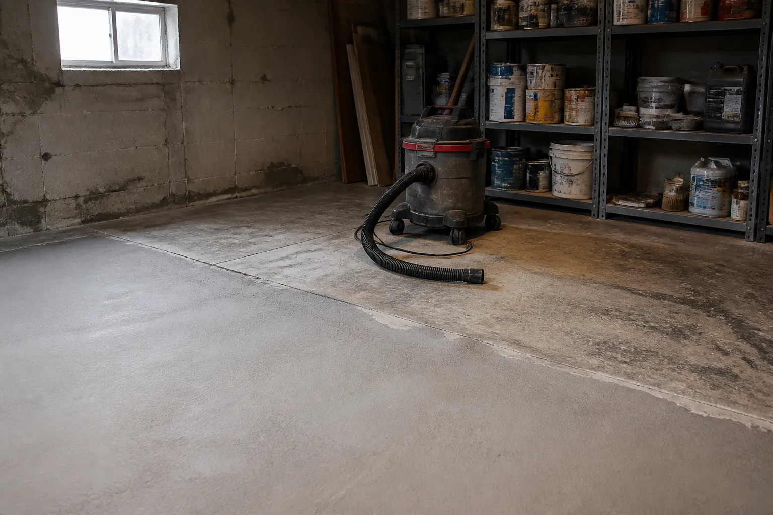 Worn basement concrete slab partly resurfaced with a fresh overlay