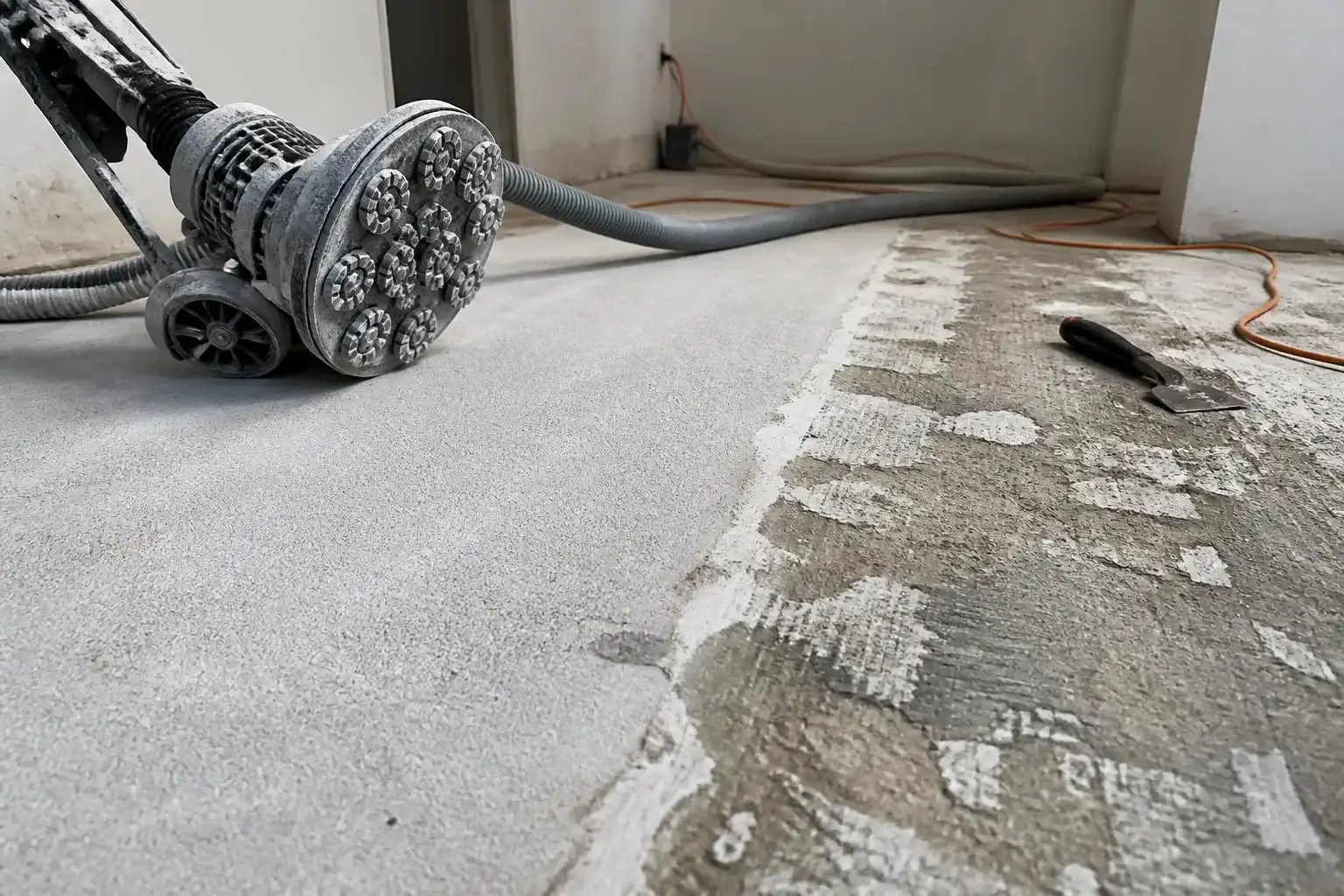 Concrete floor half ground to a clean profile with a diamond grinder and dust hose