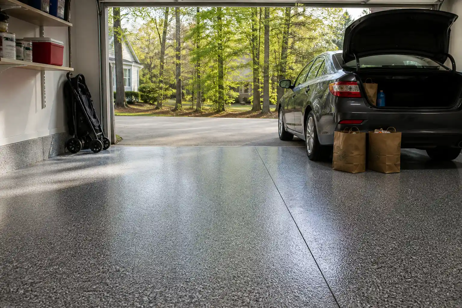 Coated garage floor in a Duluth GA home in everyday use