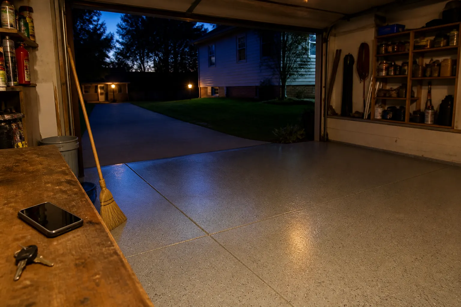 Finished garage floor with the light on at dusk