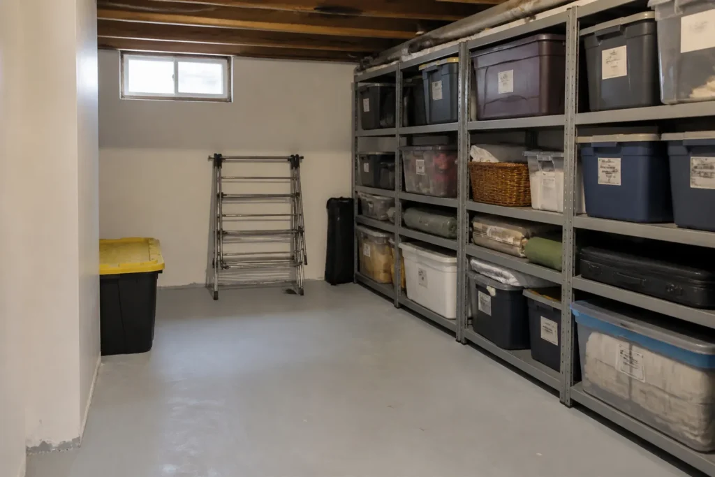 Finished basement floor coating with storage shelving