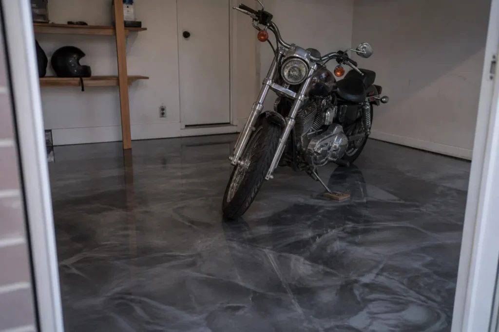 Finished metallic floor coating in a home garage