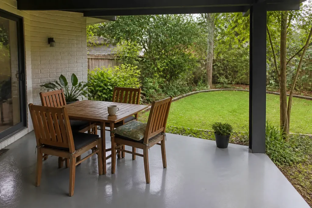 Finished patio floor coating with outdoor furniture