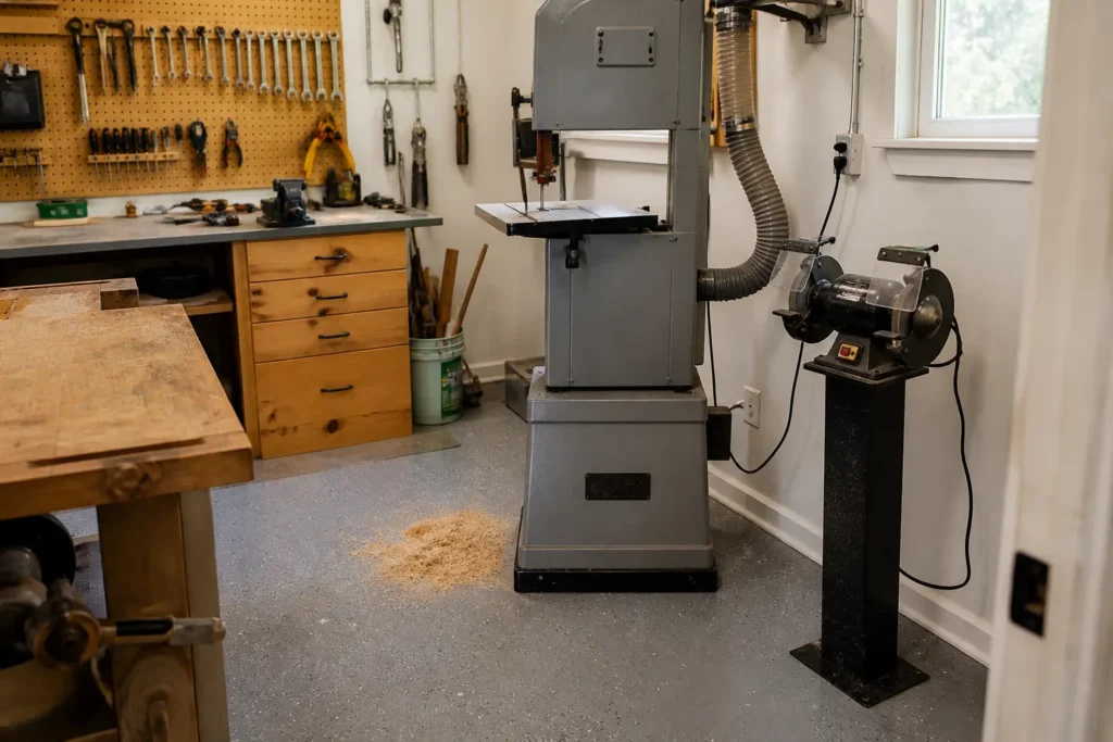 Finished workshop floor coating with machinery in use