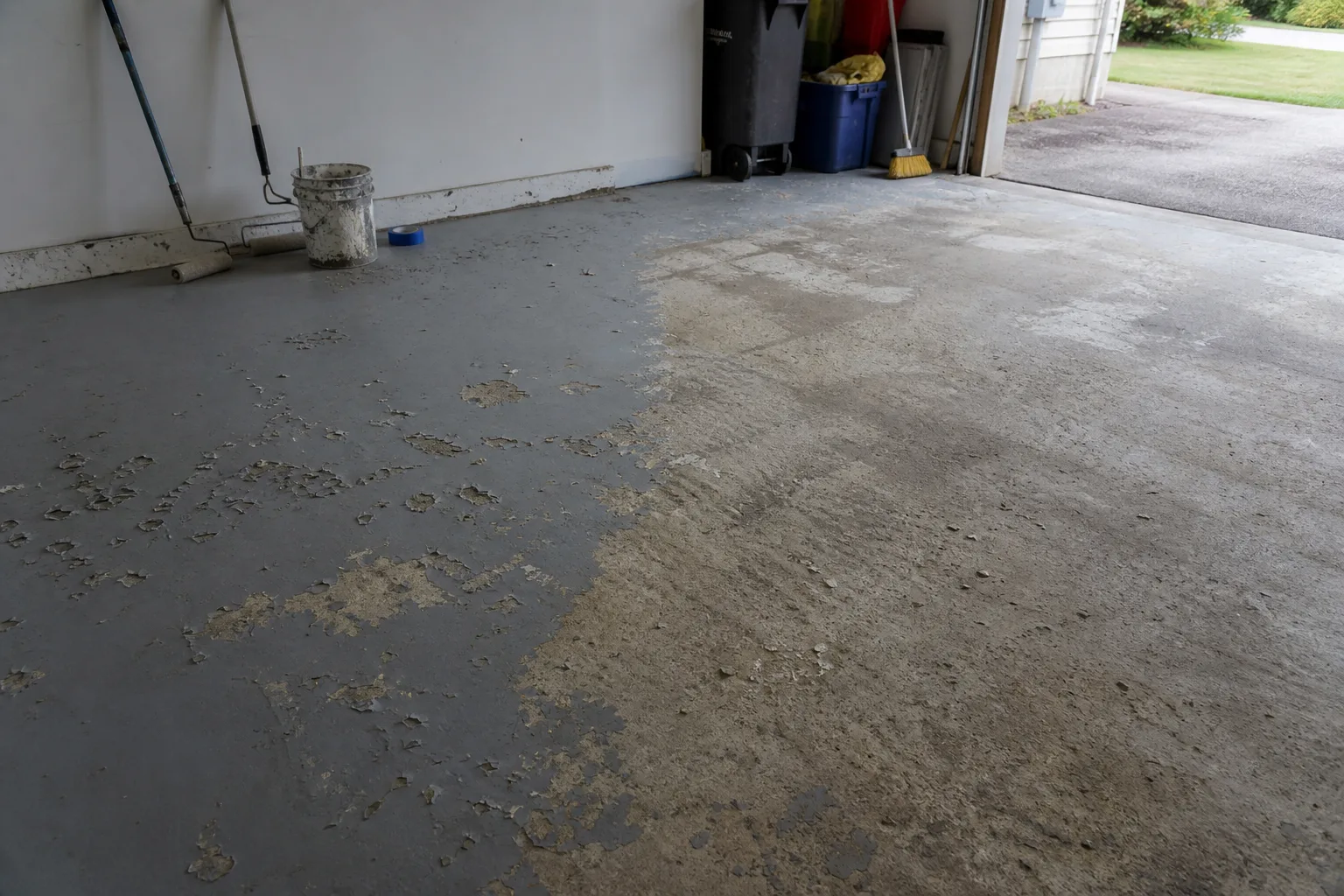Garage floor with old grey paint half ground off revealing clean concrete