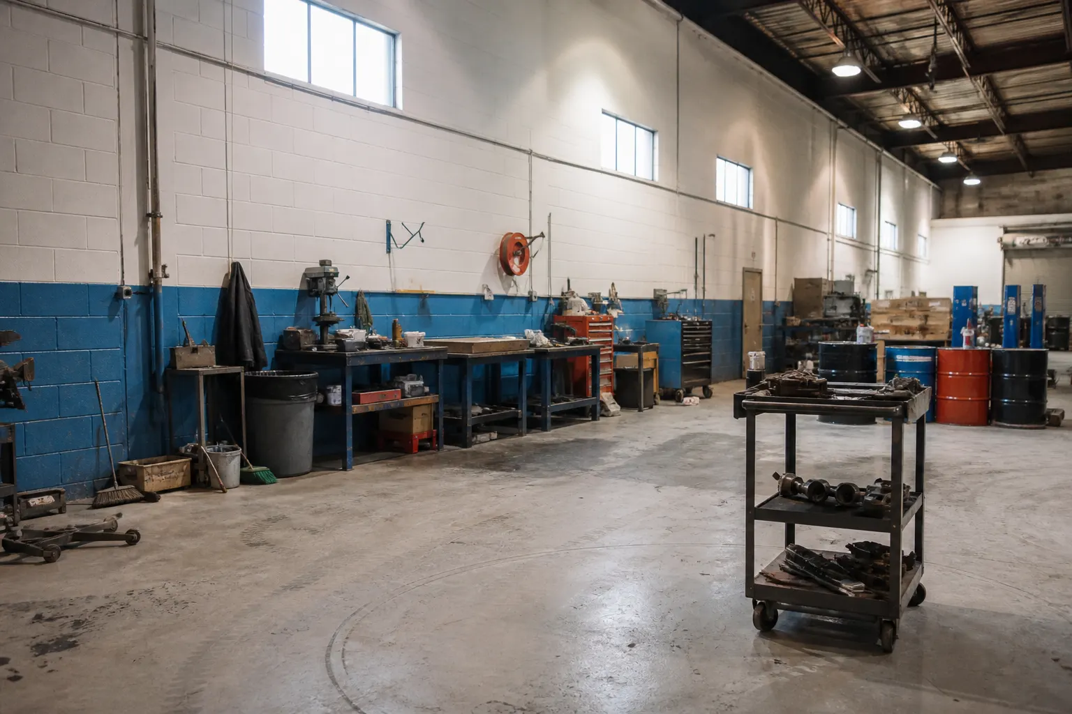 Light production bay with a coated concrete floor