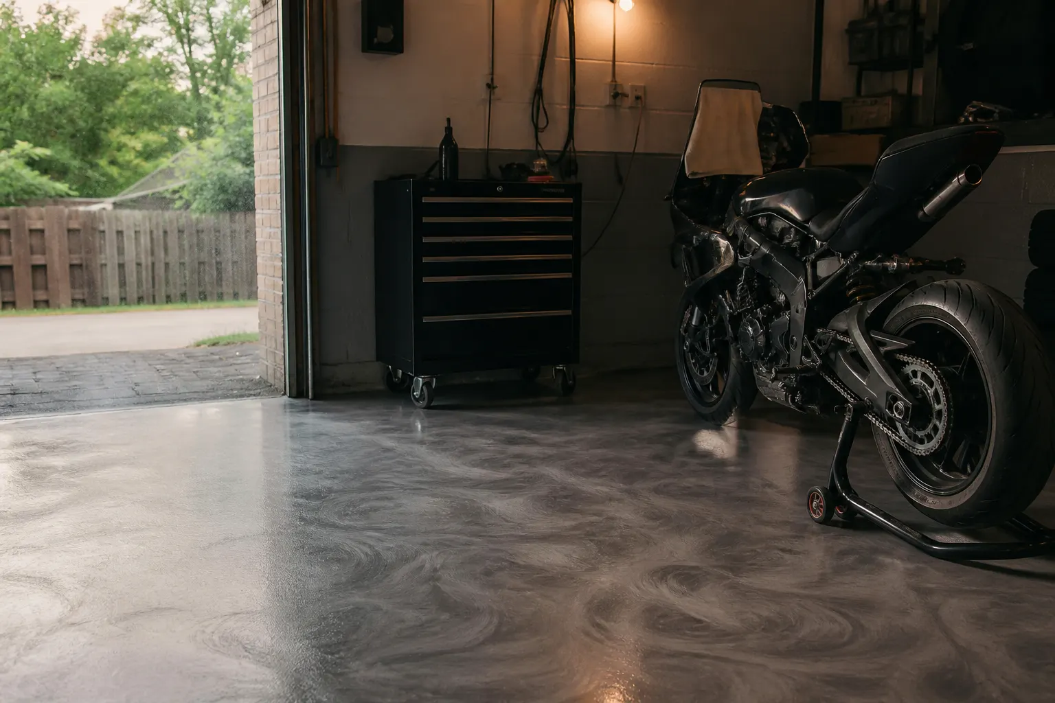 Metallic floor coating with soft swirl depth in a home garage