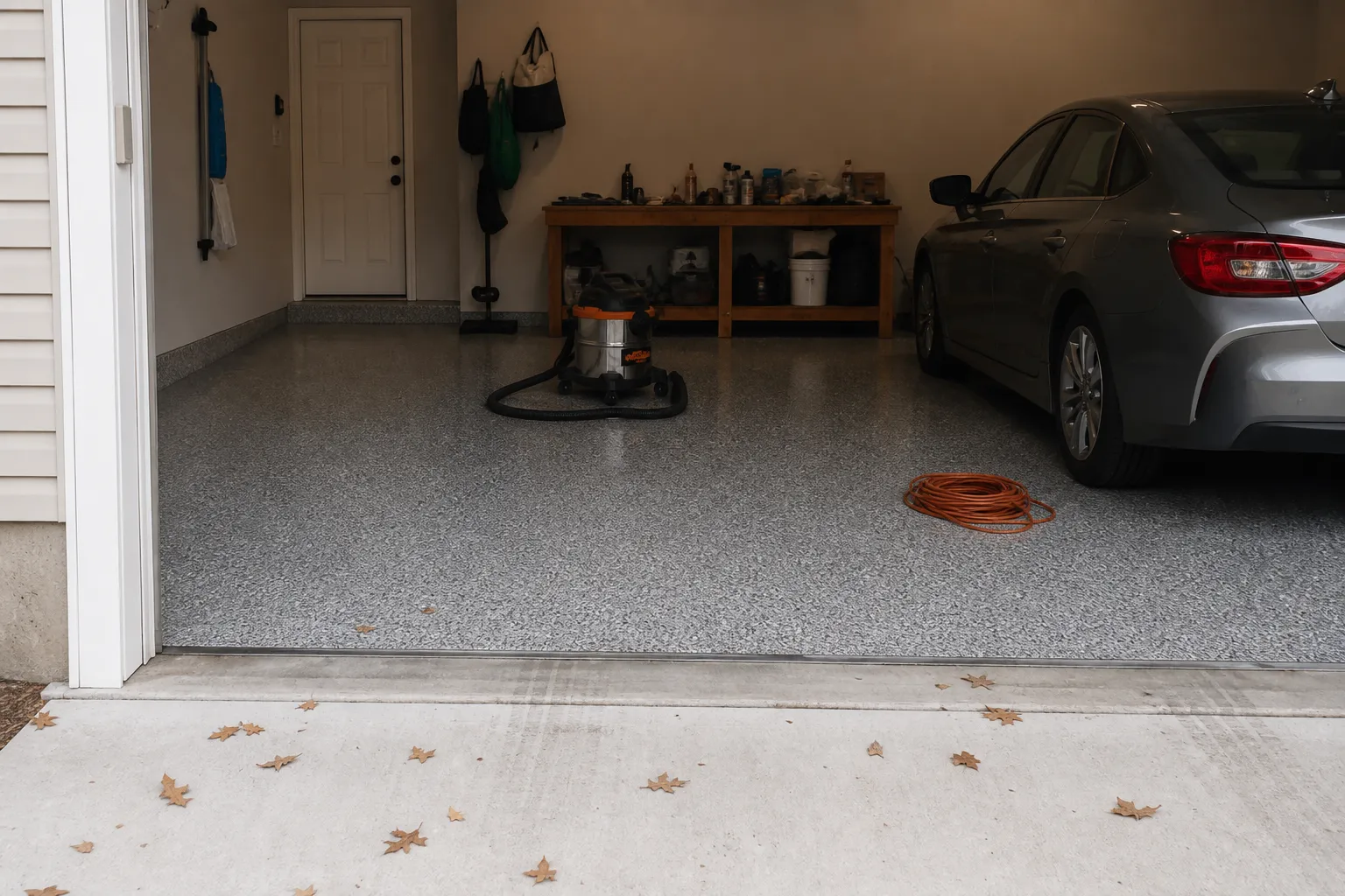 Flake coated garage floor with a car parked inside