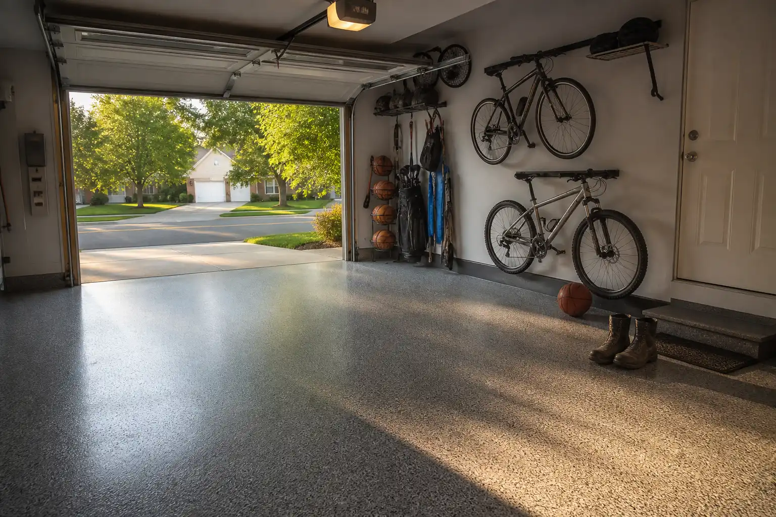 Coated garage floor in Woodstock with bikes and sports gear